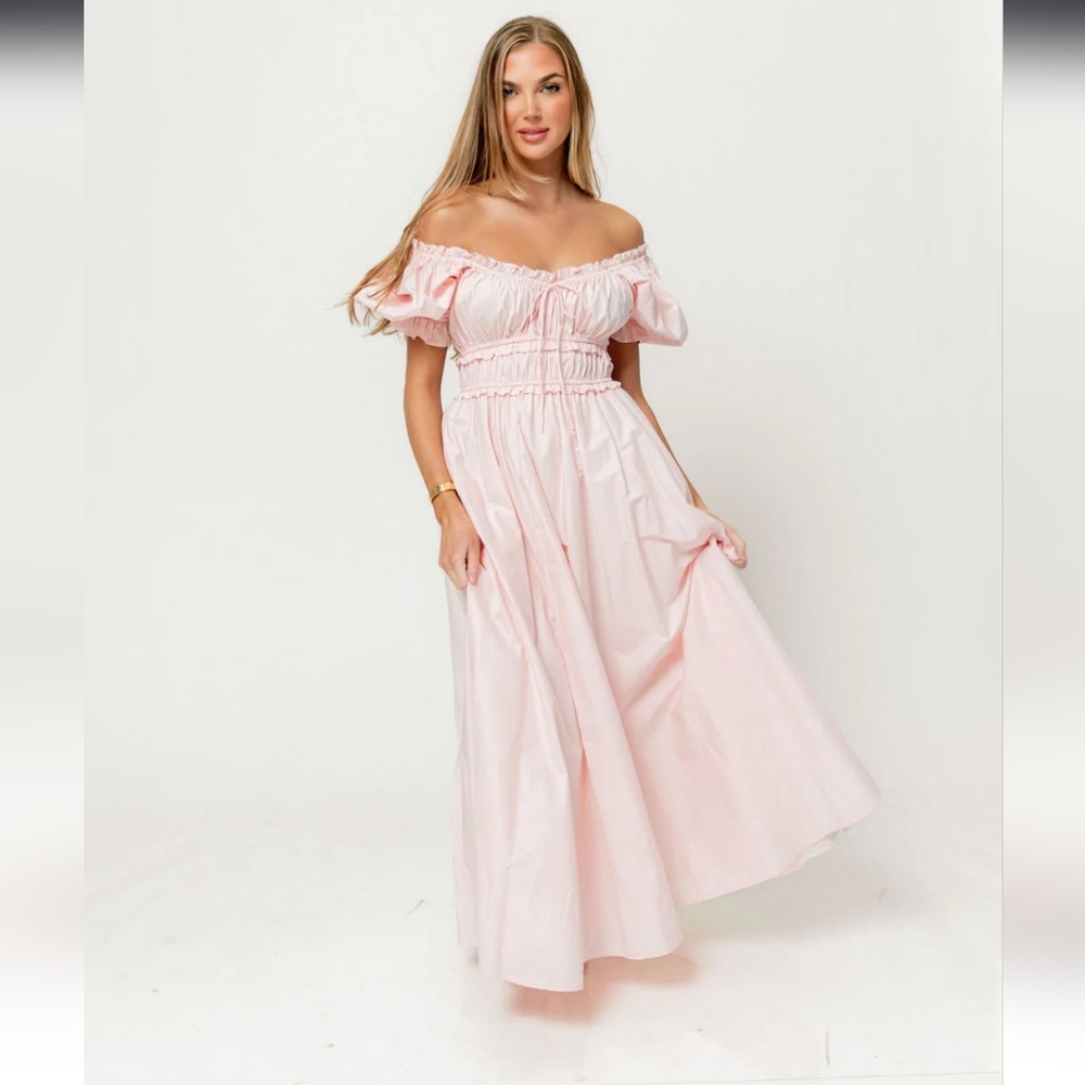 Off-Shoulder Pink Maxi Dress with Smocked Waist